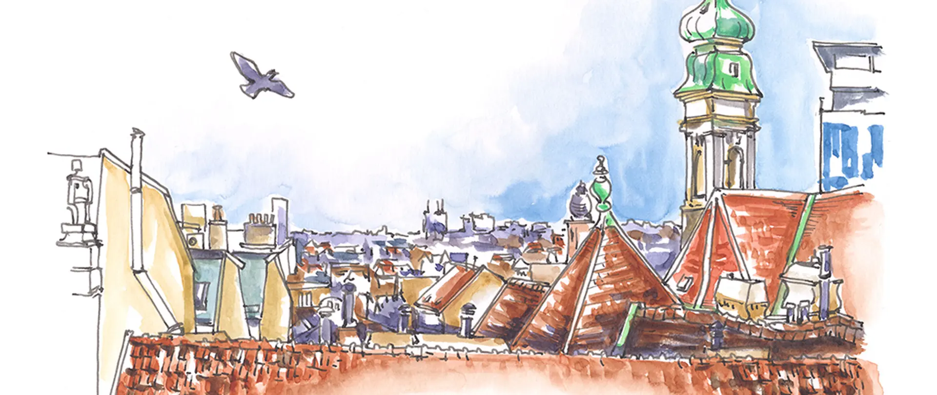 Biskup Sketch Dächer Bunte Aquarellskizze von Hattingen mit roten Dächern, Türmen und einer fliegenden Taube, dargestellt in lockerem Urban Sketching-Stil