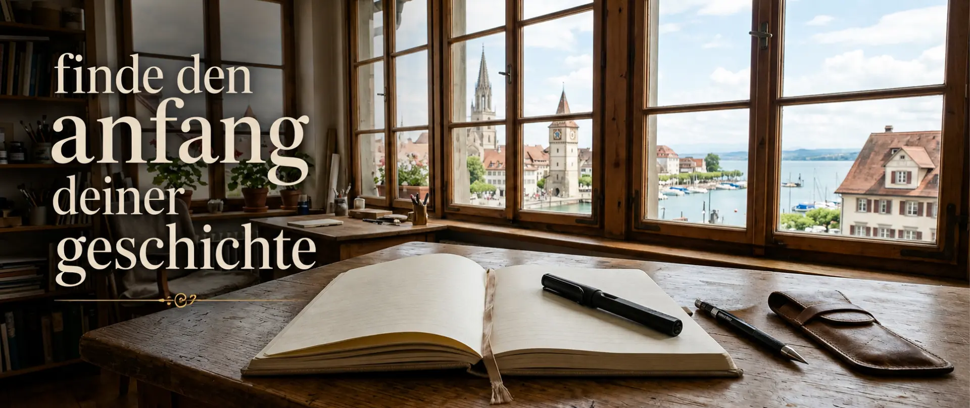 Offenes Notizbuch mit Stiften vor einem großen Fenster mit Blick auf Hafen und historische Stadt, dazu der Text „finde den anfang deiner geschichte“