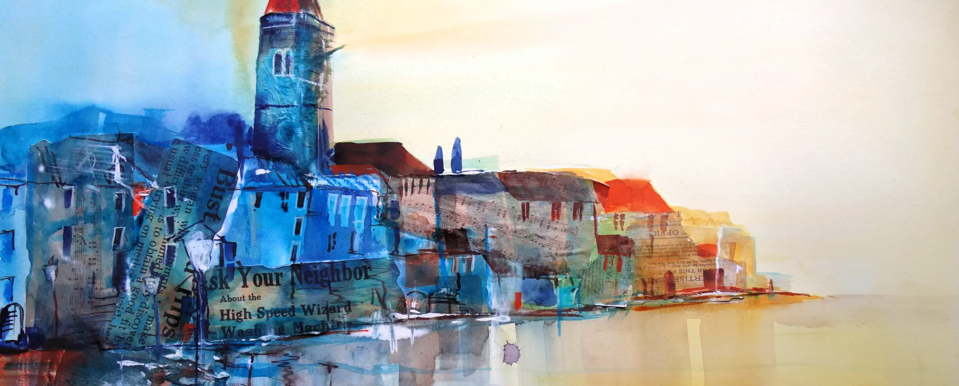 Farbenfrohe Aquarell-Collage von Häusern am Wasser mit Textfragmenten, die experimentelle Materialvermischung und kreative Verfremdung zeigen
