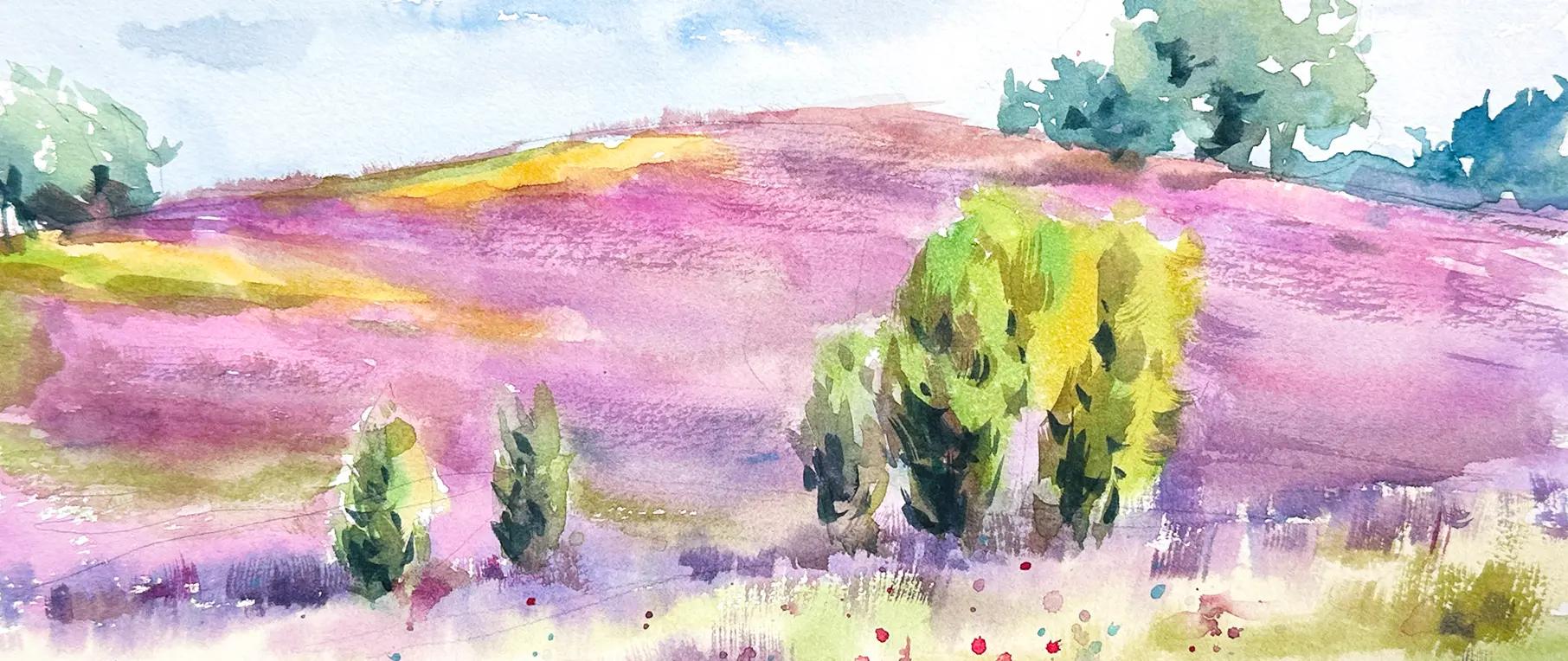 Aquarellmalerei für den Alltag – Landschaften in 15 Minuten Aquarell-Landschaftsmalerei mit violetten Hügeln und grünen Bäumen, dargestellt in lockerer, schneller Maltechnik für entspannte kreative Auszeiten