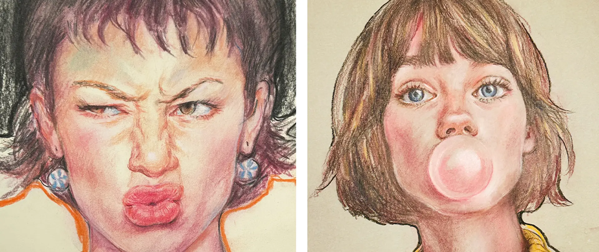 Portrait mit Pastellkreidestiften Zwei ausdrucksstarke Portraits mit Pastellkreidestiften, eine Frau mit skeptischem Blick und eine andere, die Kaugummi bläst