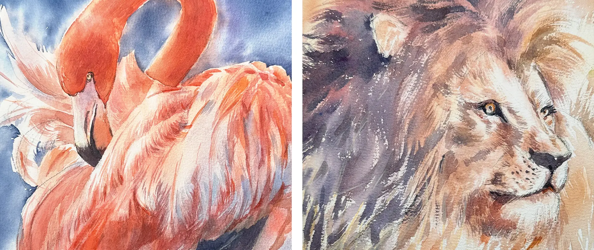 Aquarell trifft Tierwelt Aquarellmalerei von einem orangefarbenen Flamingo und einem Löwen mit ausdrucksstarkem Fell und leuchtenden Farben