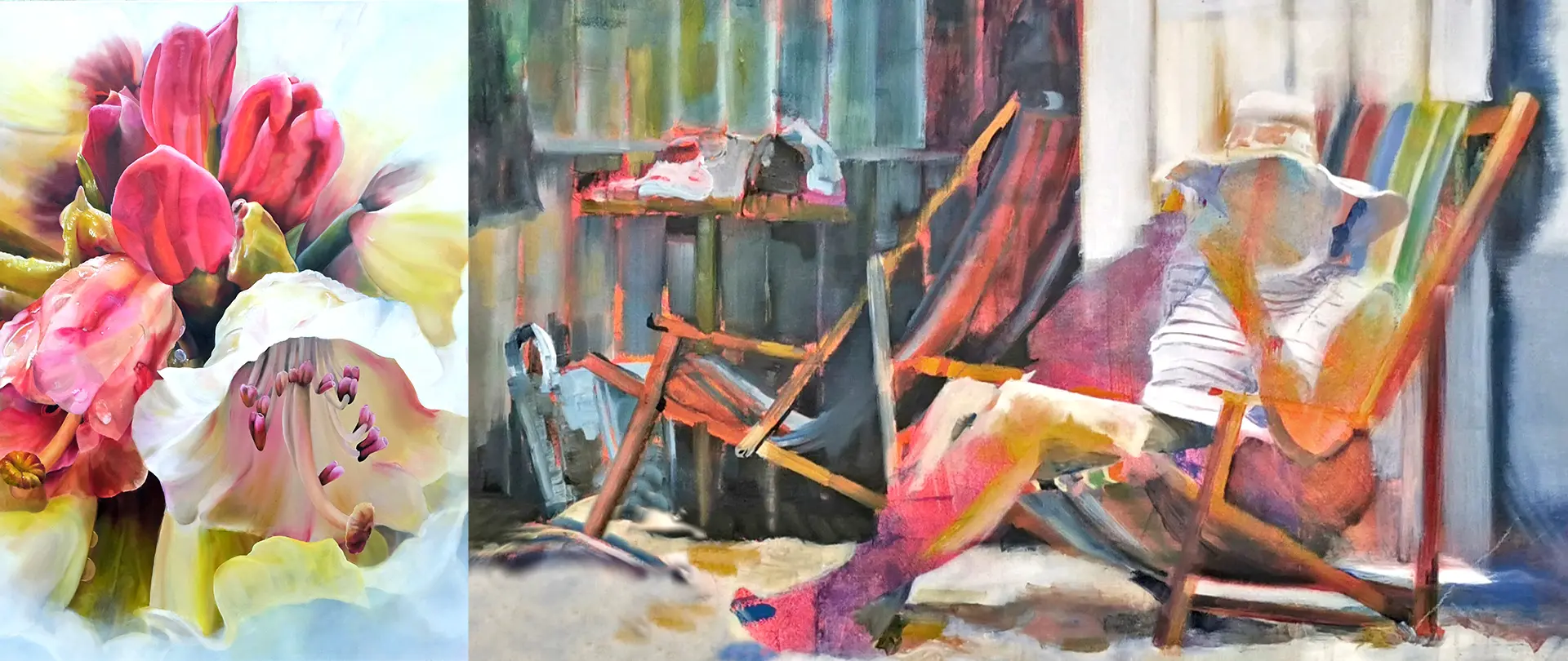 Sommerblumen in leuchtenden Farben und eine entspannte Person auf Liegestuhl in sommerlicher Atmosphäre, inspiriert von Licht, Farbe und Stimmung