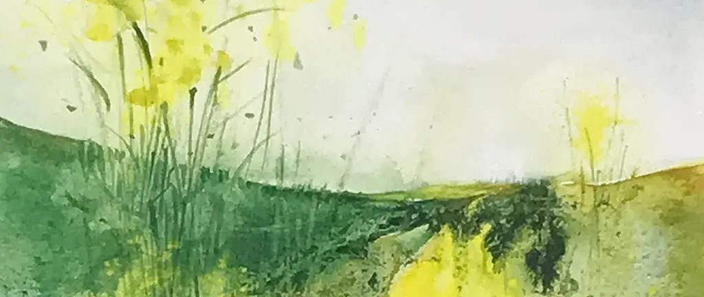 Experimentelles Aquarell mit lebendigen Grüntönen und gelben Farbverläufen, die kreative Techniken und freie Gestaltung in der Malerei zeigen