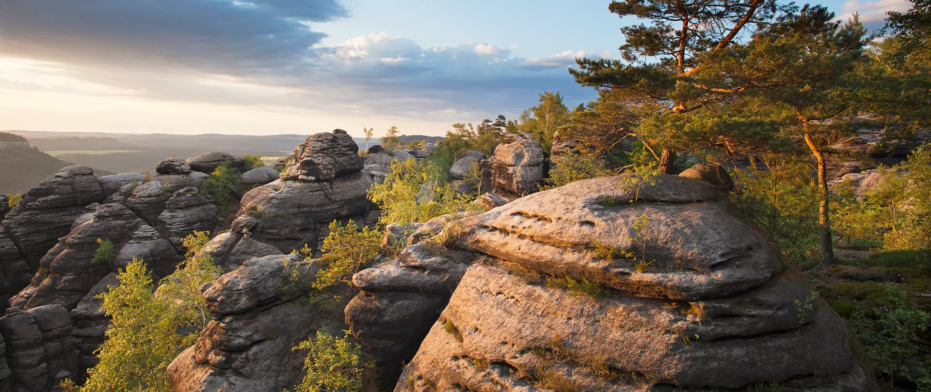 Blick auf die Felsen der Sächsischen Schweiz, seitlich fotografiert im herbstlichen Abendlicht.