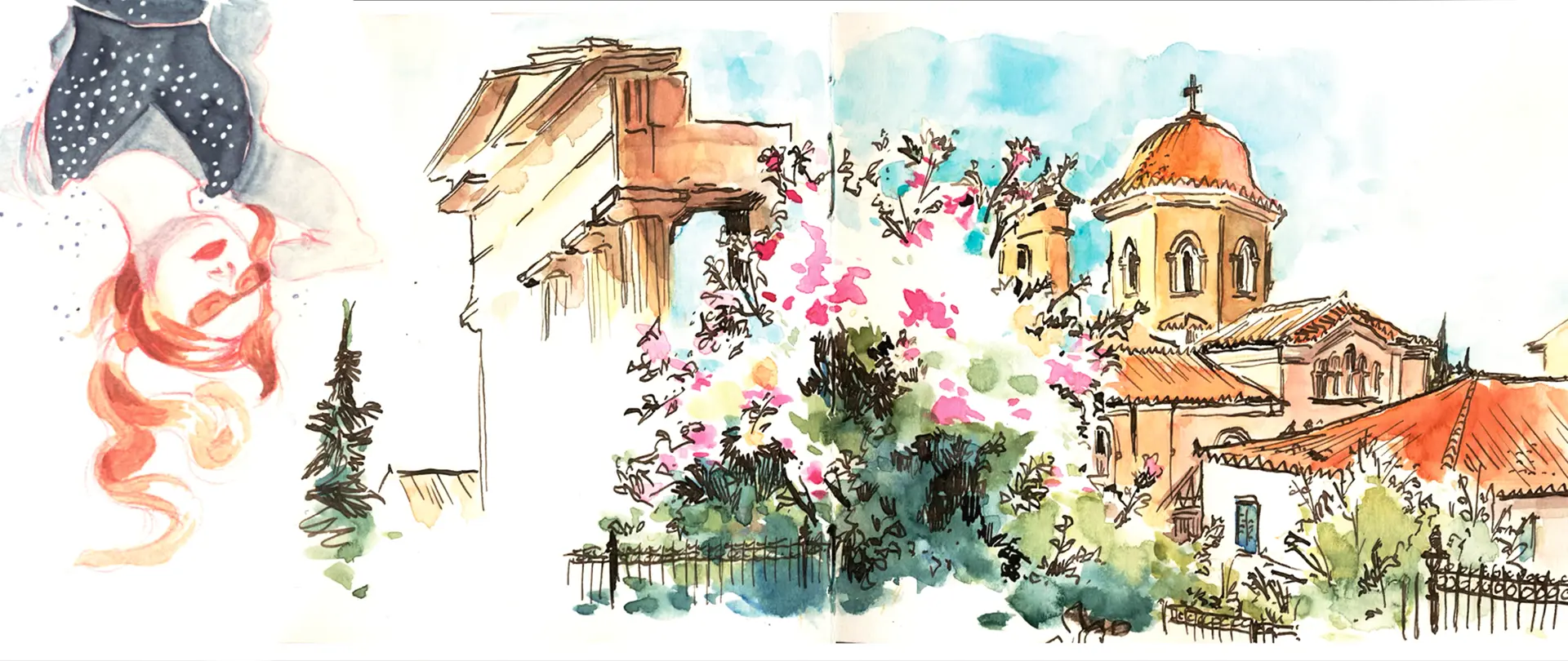 Aquarellskizze mit Pflanzen, antiken Gebäuden und einer Frau, die kreativ in die Natur des Wild Sketching eintaucht