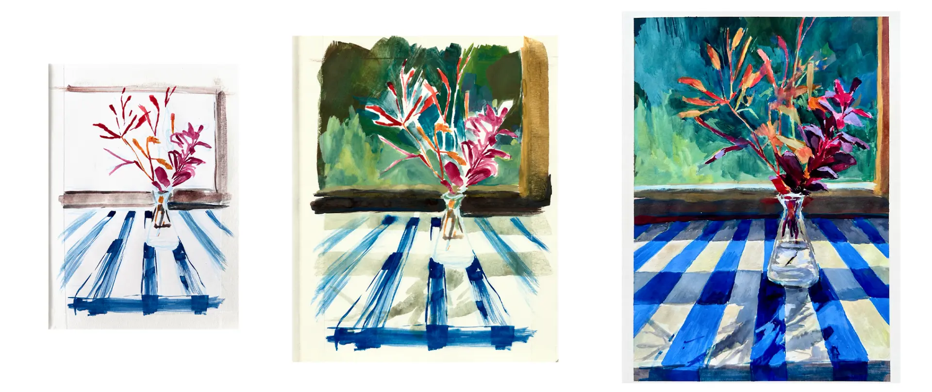 Drei unterschiedliche Acryl- oder Gouachebilder mit Vase und Blumen auf gestreiftem Tisch, die Licht, Schatten und Farbtiefe im Kleinformat zeigen