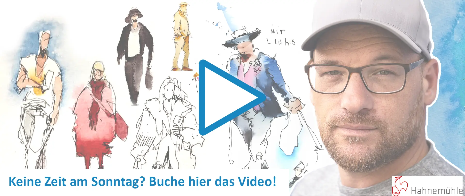Gris mit Brille und Mütze neben skizzenhaften, schnellen Figurenzeichnungen und Hinweis zum Kompaktkurs Figuren-Sketchen als Video-Aufzeichnung