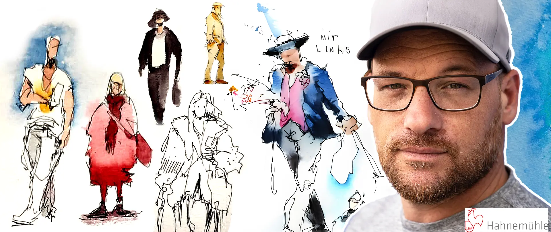 Gris mit Brille und Cap neben schnellen, farbigen Skizzen von Figuren in verschiedenen Posen als Beispiel für flotten Figuren-Sketching-Kurs