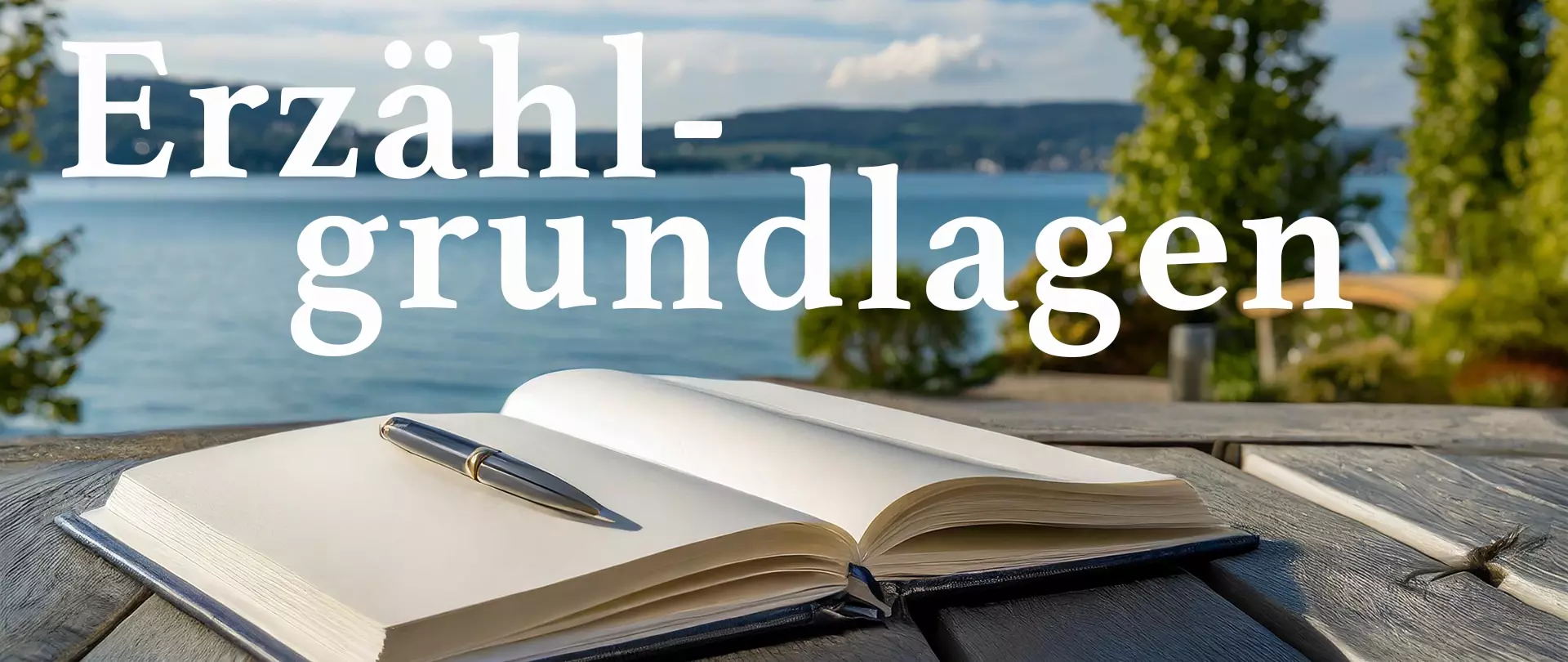 Aufgeschlagenes Buch mit leeren Seiten, auf dem ein Kugelschreiber liegt. Am Ufer des Bodensees.