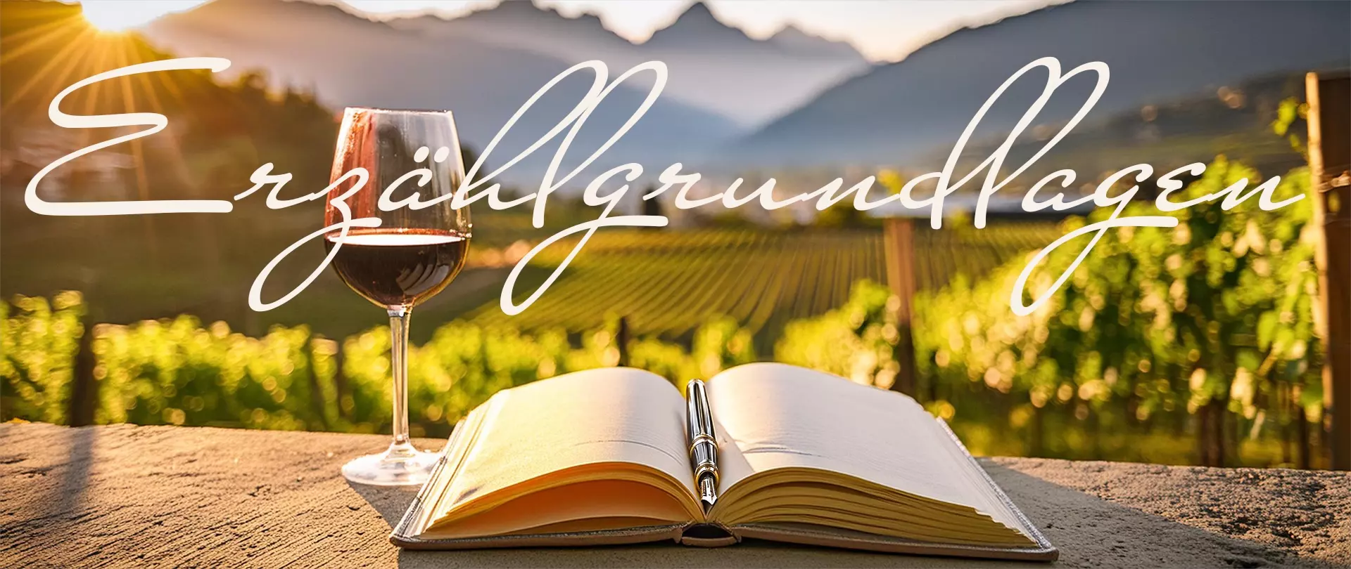 Aufgeschlagenes Buch mit einem schönen Fuller der im Bund liegt. Daneben ein Glas Rotwein vor einem Rebberg bei Sonnenuntergang