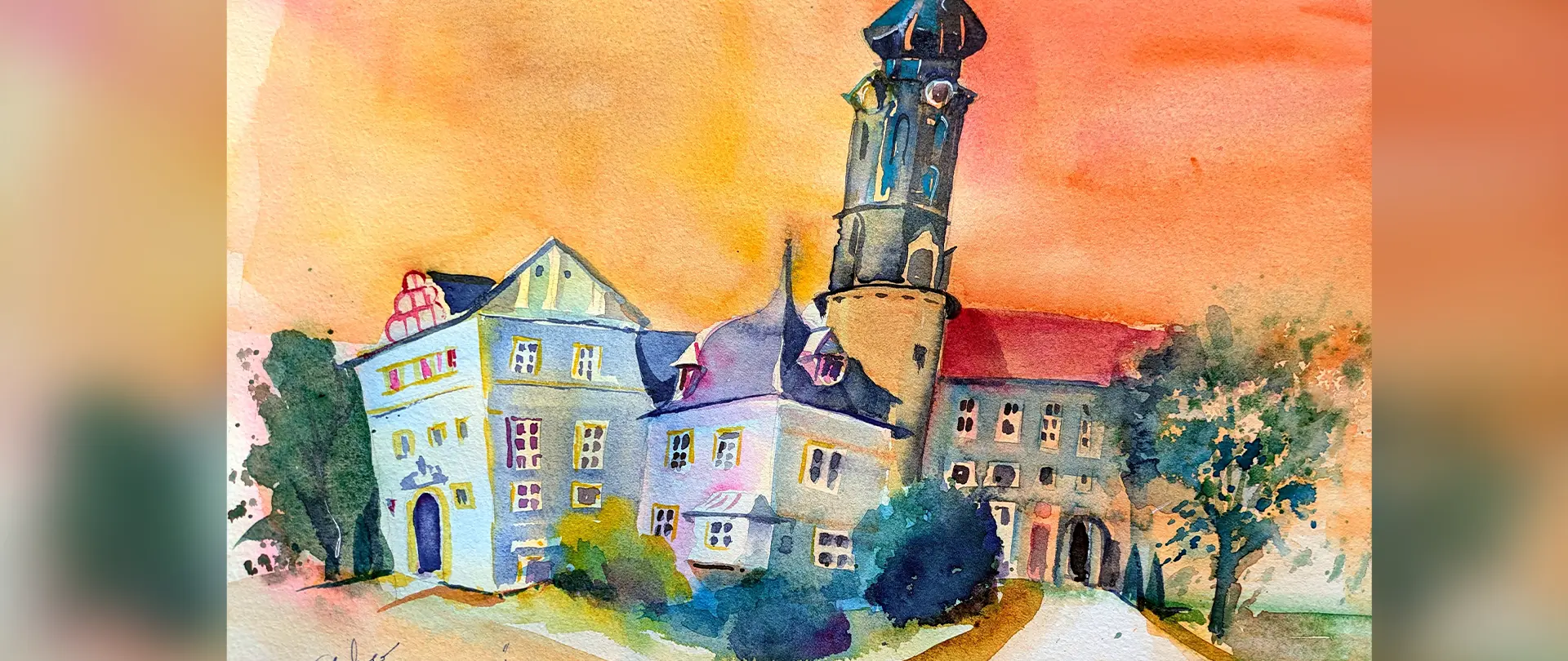 Bunte Aquarellmalerei eines historischen Gebäudekomplexes in Weimar mit Turm, umgeben von Bäumen und warmem Himmel