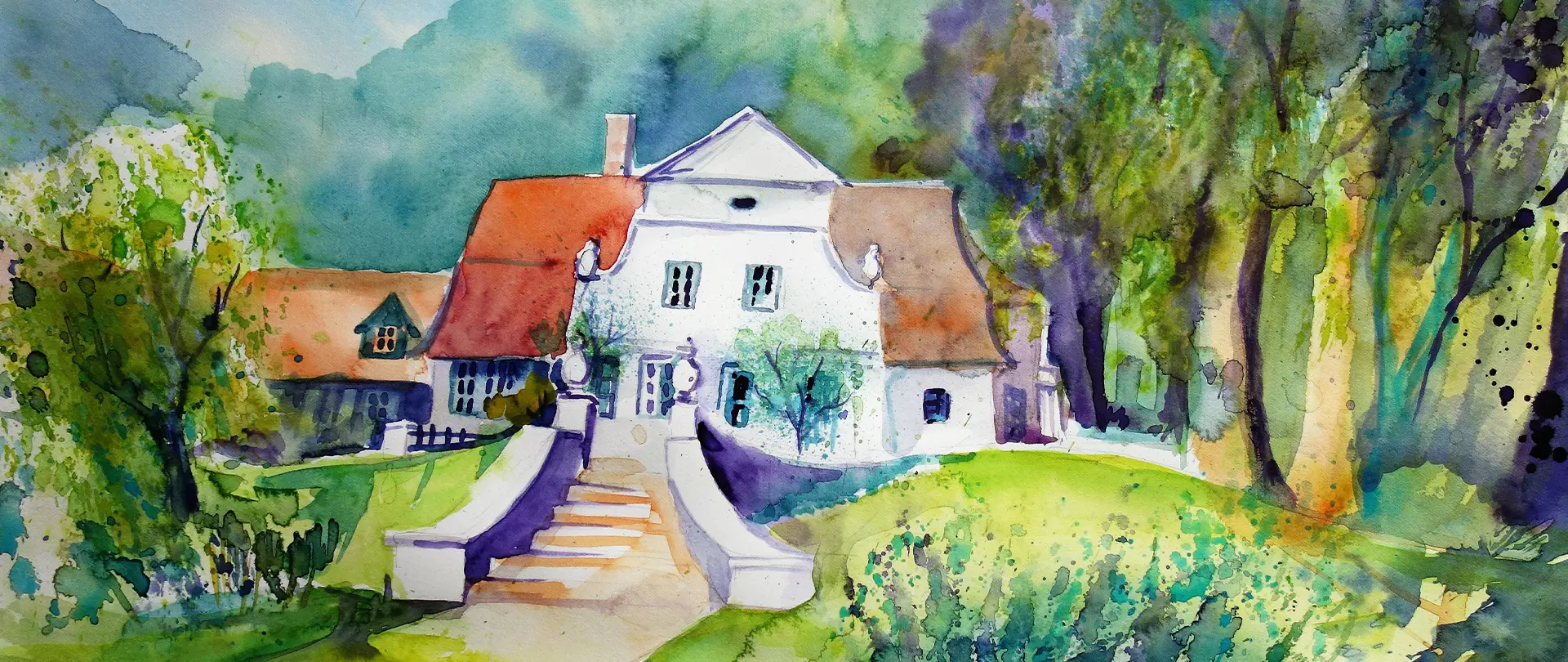 Hilscher Worpswede Haus mit rotem Dach und Umgebung in lebendiger Aquarelltechnik mit fließenden Farben und feinen Details, ideal für Einsteiger im Aquarellmalen