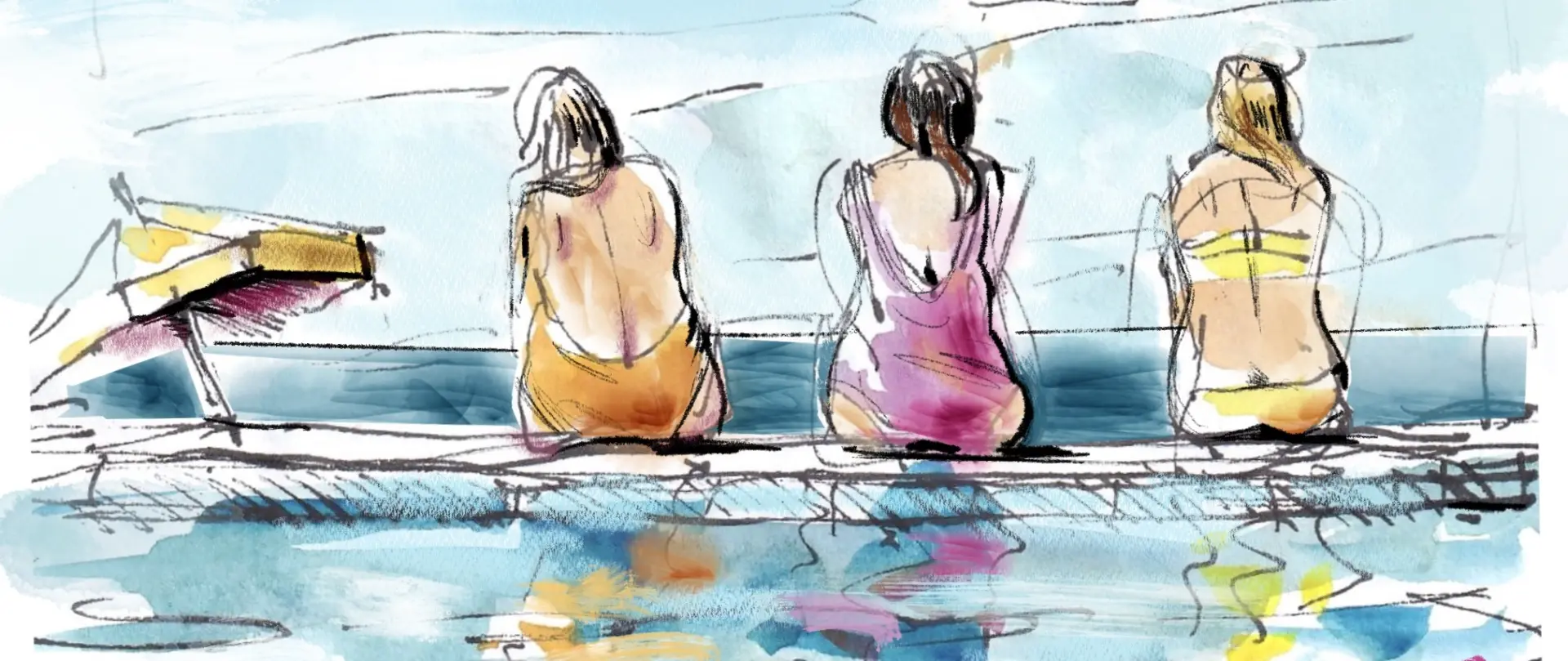 Drei Frauen in farbenfrohen Badeanzügen sitzen entspannt am Beckenrand und blicken aufs Wasser, skizziert in lockeren Wasserfarben