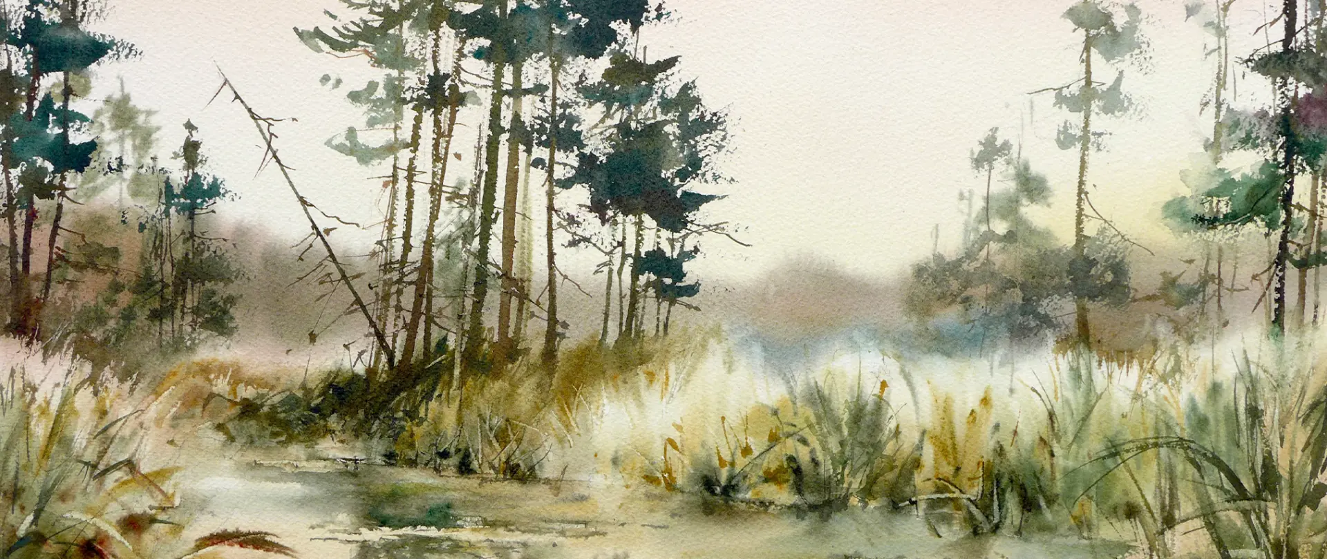 Unbenanntes Projekt Aquarellmalerei eines nebligen Waldes mit leuchtenden Lichtreflexen, klaren Papierweißen und sanften Schatten zur Darstellung von Tiefe und Atmosphäre