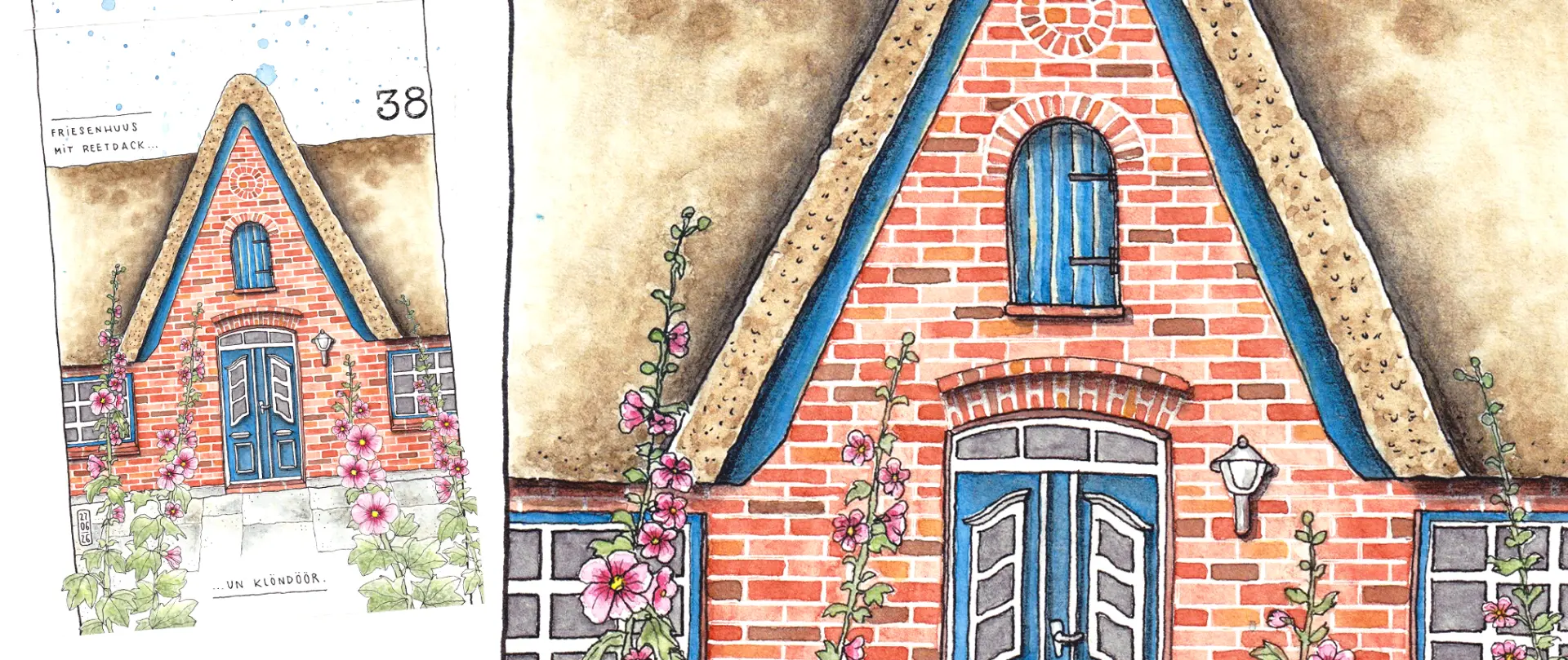 Aquarellzeichnung eines typischen Friesenhauses mit Reetdach, blauen Haustüren, roten Ziegeln und rosa Blütenpflanzen im Vordergrund Aquarellzeichnung eines typischen Friesenhauses mit Reetdach, blauen Haustüren, roten Ziegeln und rosa Blütenpflanzen im Vordergrund