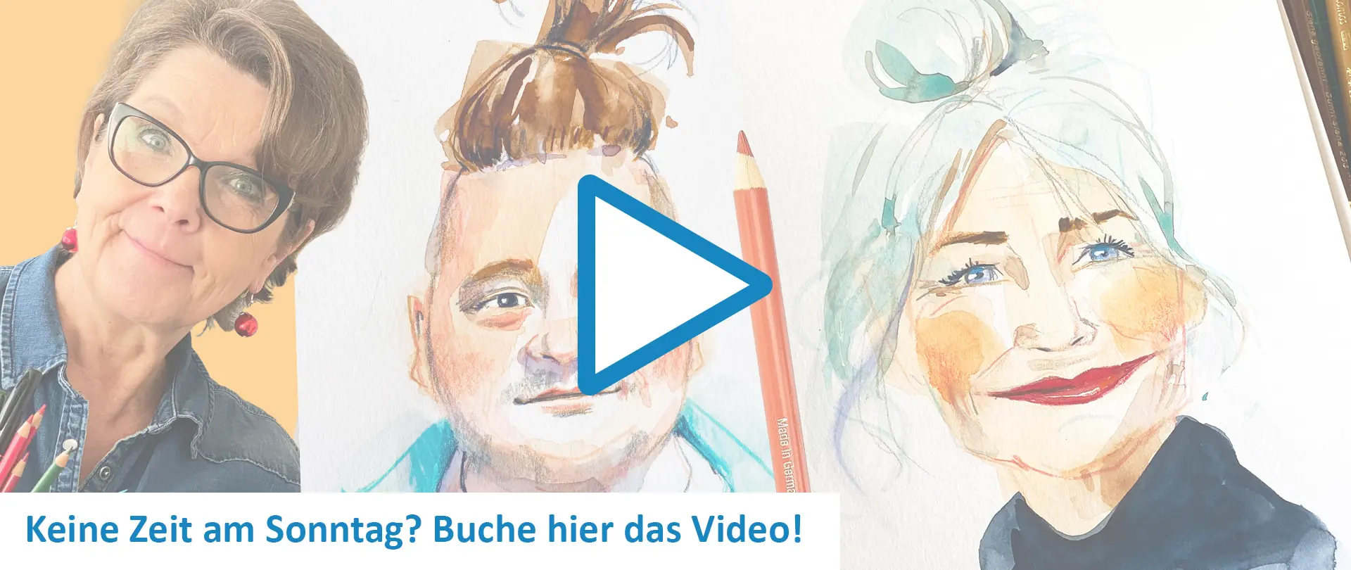 Porträtzeichnungen von Ulrike Selders und eine Fotoaufnahme von ihr mit Brille, dazu ein Hinweis auf den Kompaktkurs Geheimnisse fürs Portrait-Sketchen
