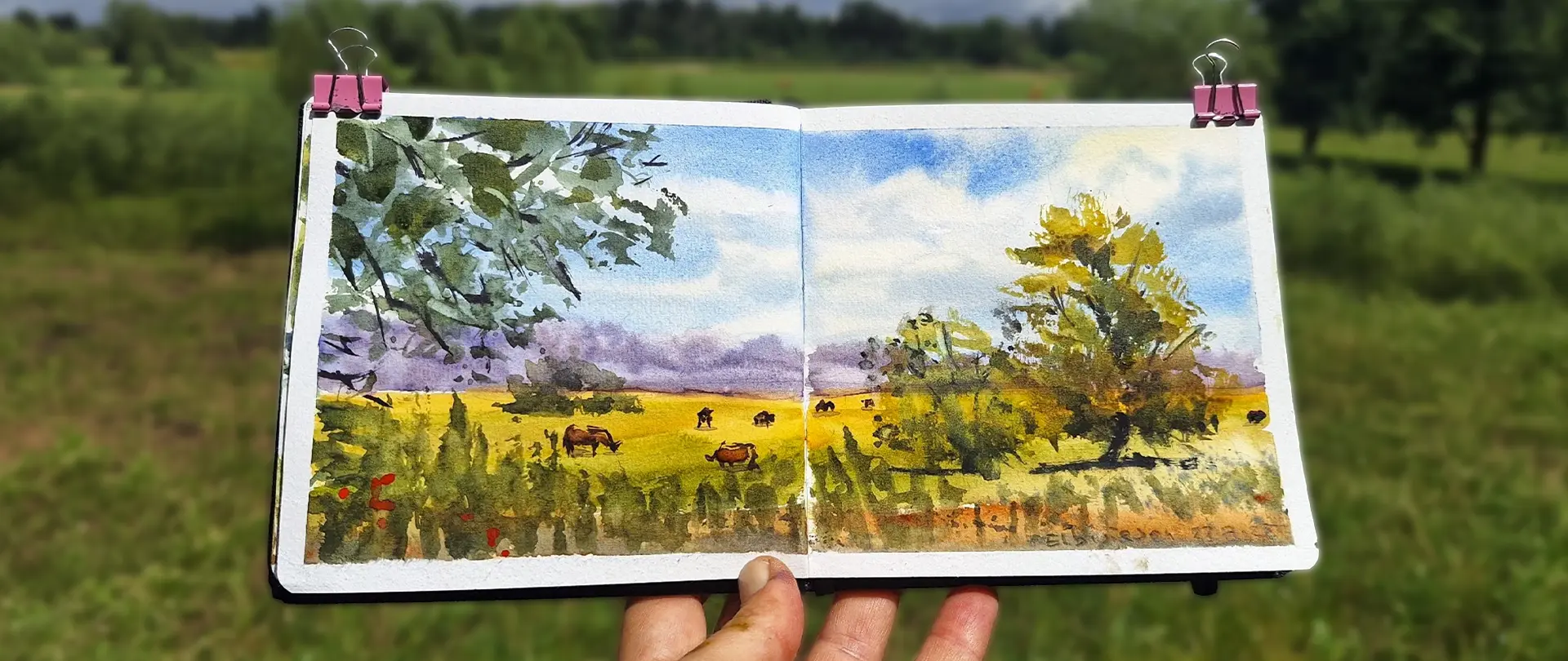 Landschaftsaquarell im Skizzenbuch mit Wiesen, Bäumen und Pferden, gehalten vor einer realen grünen Landschaft im Freien