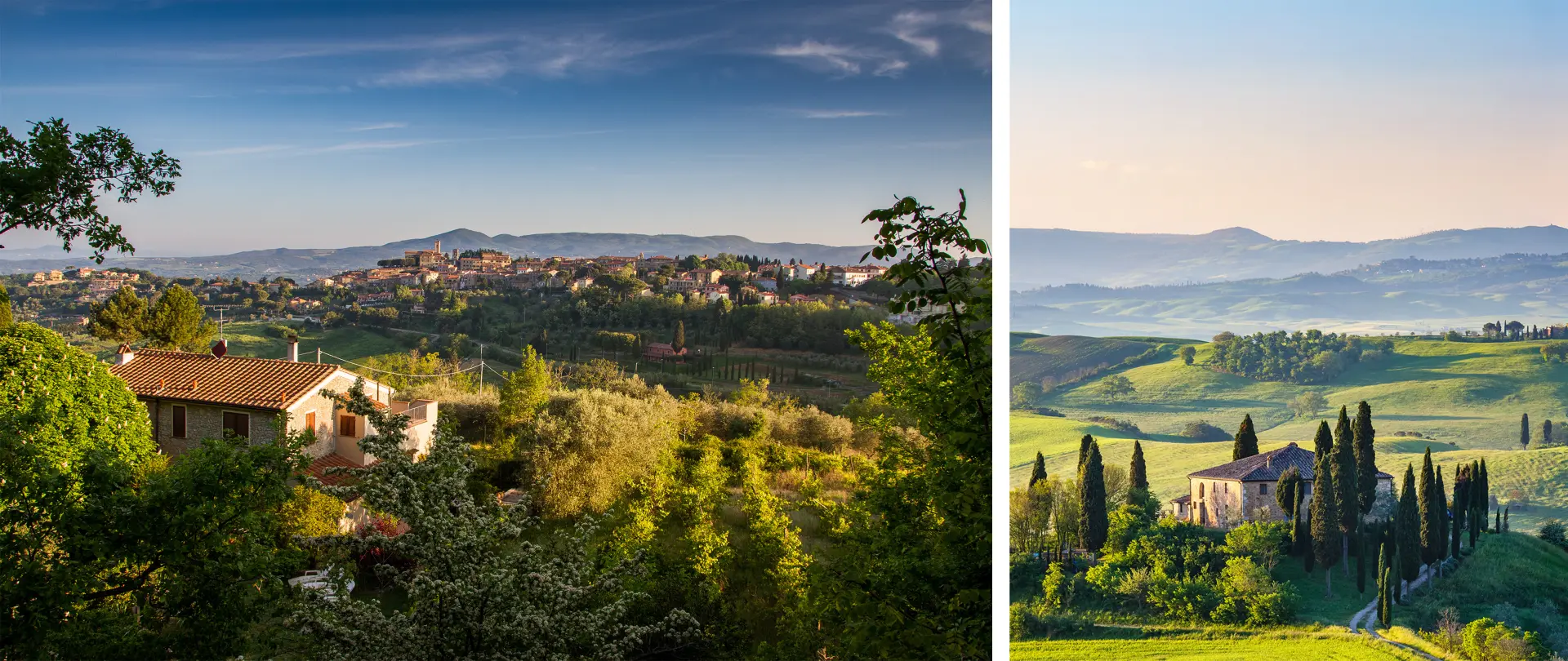 Sanfte Hügel der Toskana im Mai mit blühenden Landschaften, Zypressenalleen, ruhigen Dörfern und weiten Panoramablicken im warmen, mediterranen Licht