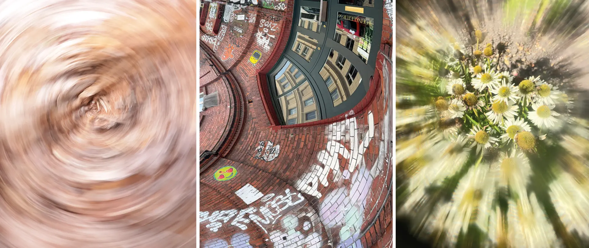 Drei Smartphone-Fotos mit kreativen Effekten: Bewegung, verzerrte Architektur und verschwommene Blumen als Beispiele für experimentelle Fotografie