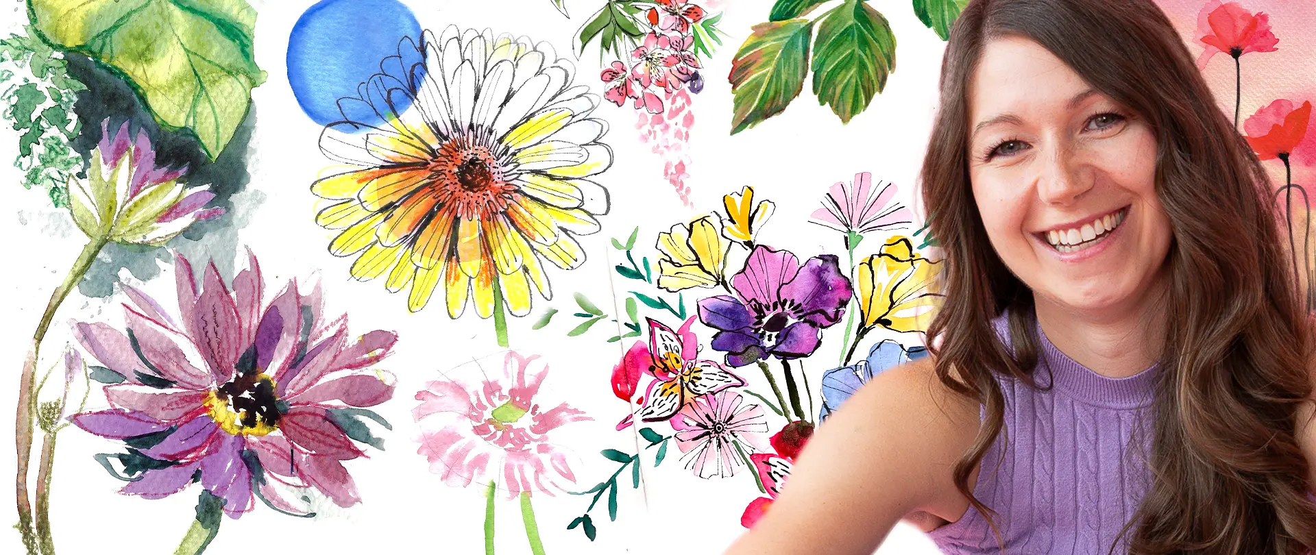 Tanja Meyer vor bunten, lebendig skizzierten Blumenmotiven, die frühlingshafte Stimmung und florale Zeichenkunst für Anfänger vermittelt