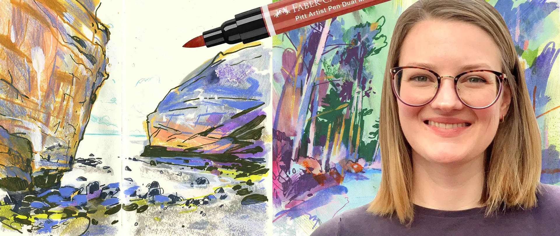 Jenny Adam vor buntem Aquarell-Naturbild, daneben roter Pinselstift, vermittelt Kurs für Mixed-Media-Natur-Skizzen