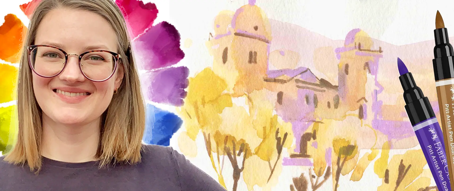 Frau vor farbenfrohem Aquarell mit städtischem Motiv, zwei Acrylmarker-Pinsel als Werkzeuge für kreatives Urban Sketching Mixed Media