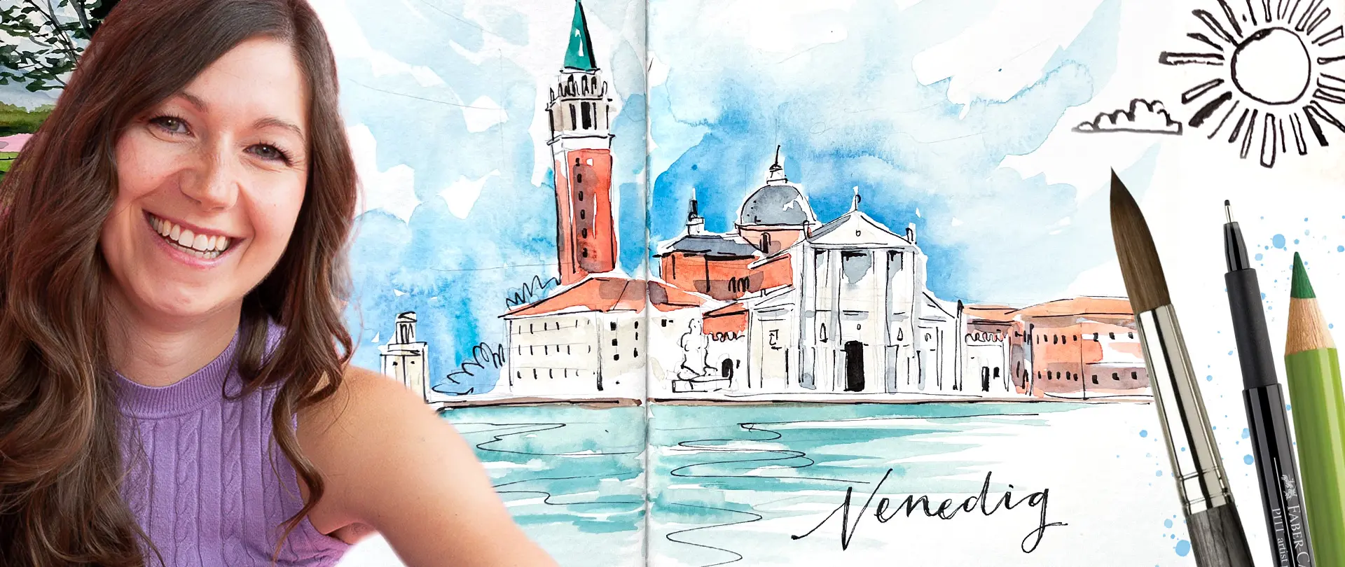 Tanja Meyer lächelt vor Urban Sketch der Lagune von Venedig mit Pinsel, Stift und Buntstift für Urban Sketching Kompaktkurs