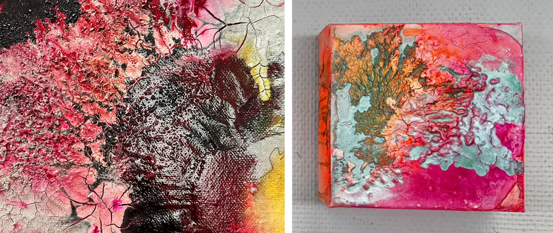 Zweigeteiltes Bild mit farbenfrohen, strukturierten Reliefkunstwerken in Pink-, Rot- und Goldtönen mit komplexen Mustern und prägenden Oberflächen