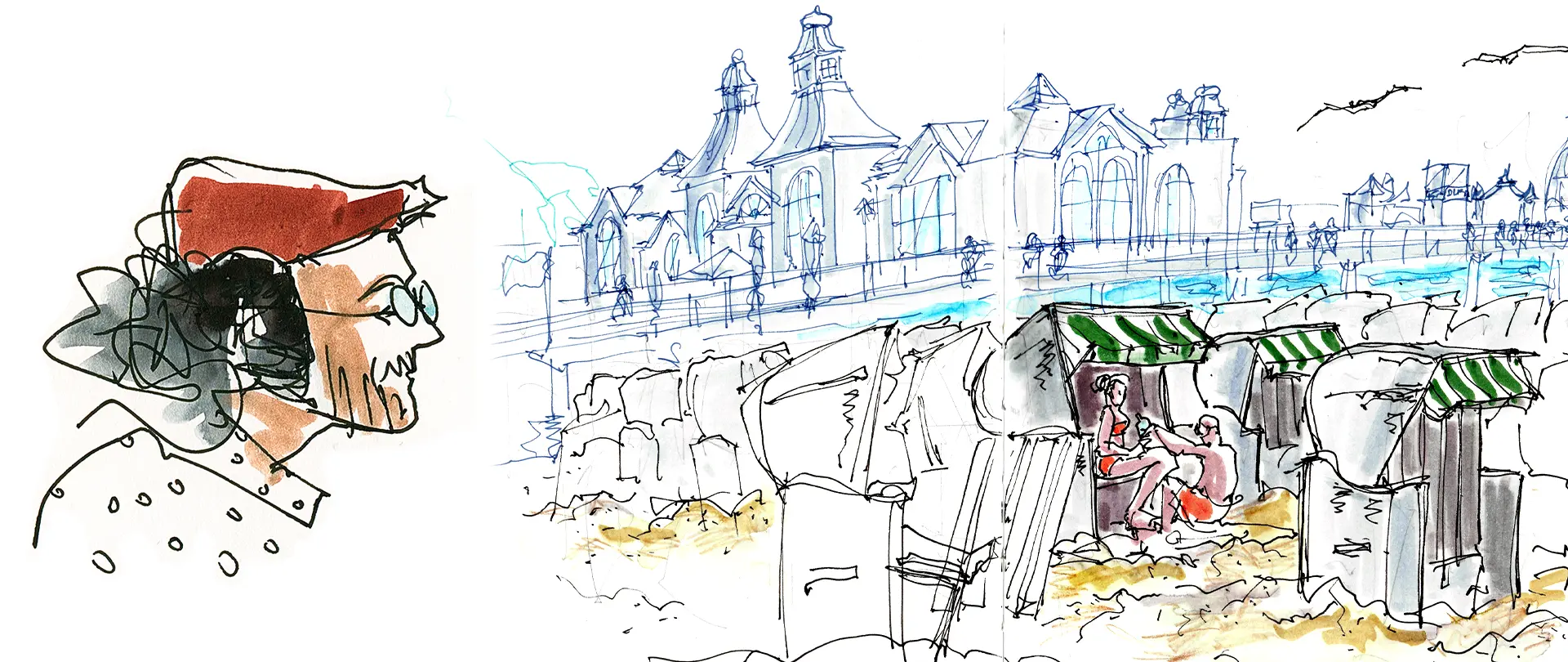 Porträtskizze eines Mannes mit Brille und roter Mütze sowie lebendige Stadt- und Strandkulisse mit Strandkörben und historischen Gebäuden in leichter Aquarellfassung
