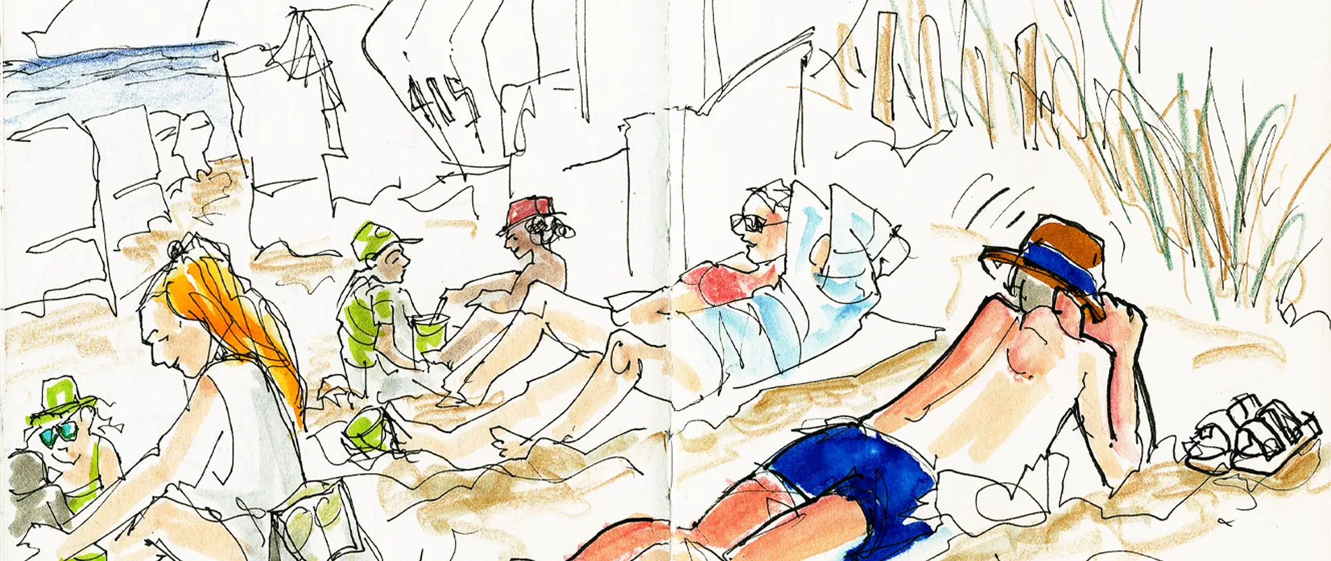 Leutloff Urban Sketching Unterwegs Prerow Personen zeichnen und entspannen am Strand mit spontanen, lebendigen Skizzen in einem Skizzenbuch während des Kurses "Sketching unterwegs"