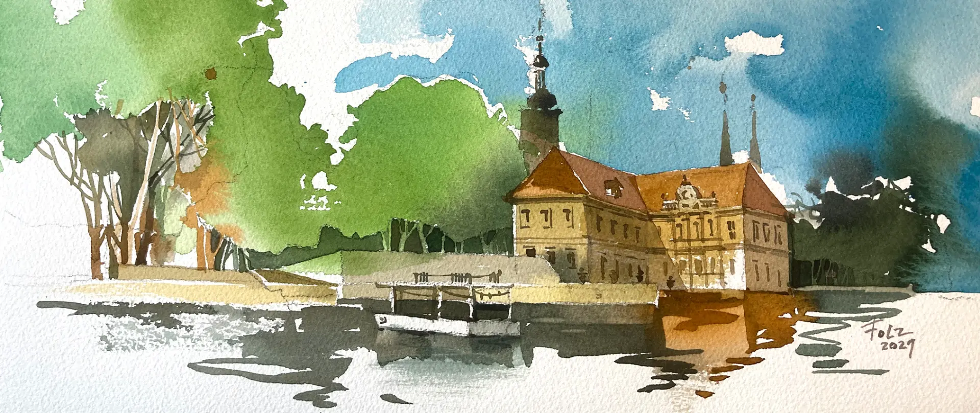 Aquarell einer historischen Bamberger Schlossanlage mit Wasser, Bäumen und blauem Himmel als Inspiration für Skizzenbuch und Malerei