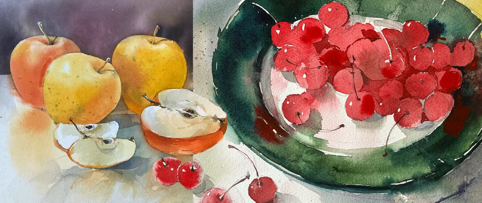Saftige Kirschen auf grünem Teller und sonnengelbe Birnen, teils geschnitten, in lebendigem Aquarellstil für Stillleben-Malerei