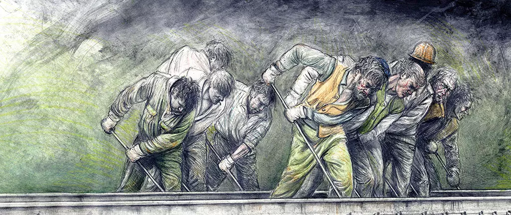 Mehrere männliche Bauarbeiter bei ihrer körperlich anstrengenden Arbeit.