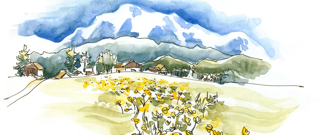 Aquarellskizze einer Berglandschaft mit blühender Wiese, Bäumen und Häusern, die die Natur und das Zeichnen unterwegs in Berchtesgaden zeigt