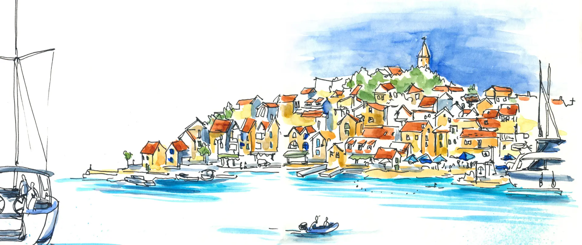 Farbenfrohe Skizze von Überlingen am Bodensee mit Hafen, Booten und historischen Gebäuden unter blauem Himmel
