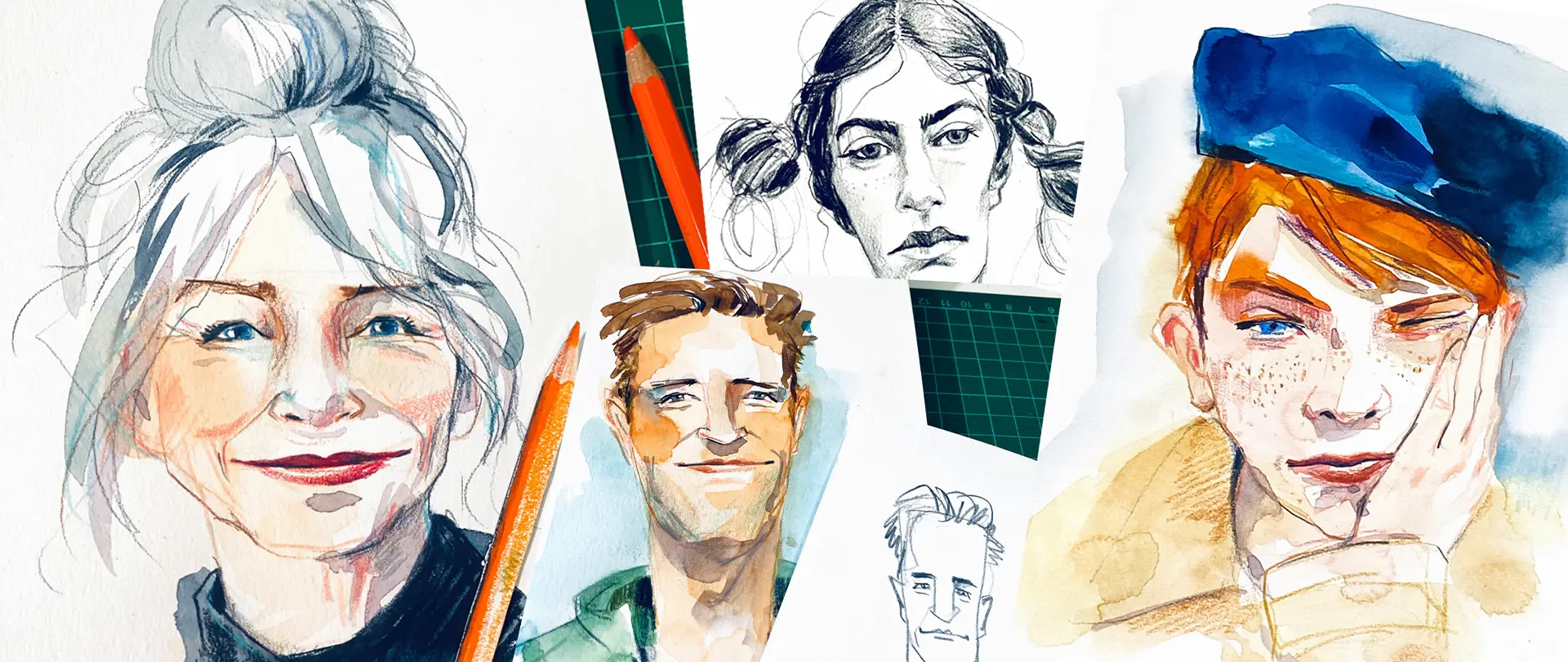 Aquarell-Portraits verschiedener Gesichter mit Bleistiften als kreative Beispiele für einen Zeichenkurs für ausdrucksstarke Portraits