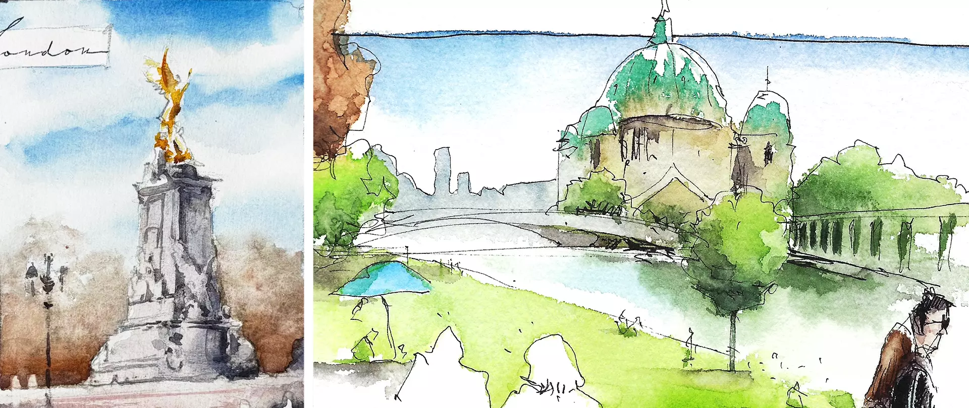 Urban Sketches einer monumentalen Statue mit goldenem Engel in London und einer grünen Kuppel am Flussufer mit Personen im Park, Fokus auf Licht und Schatten