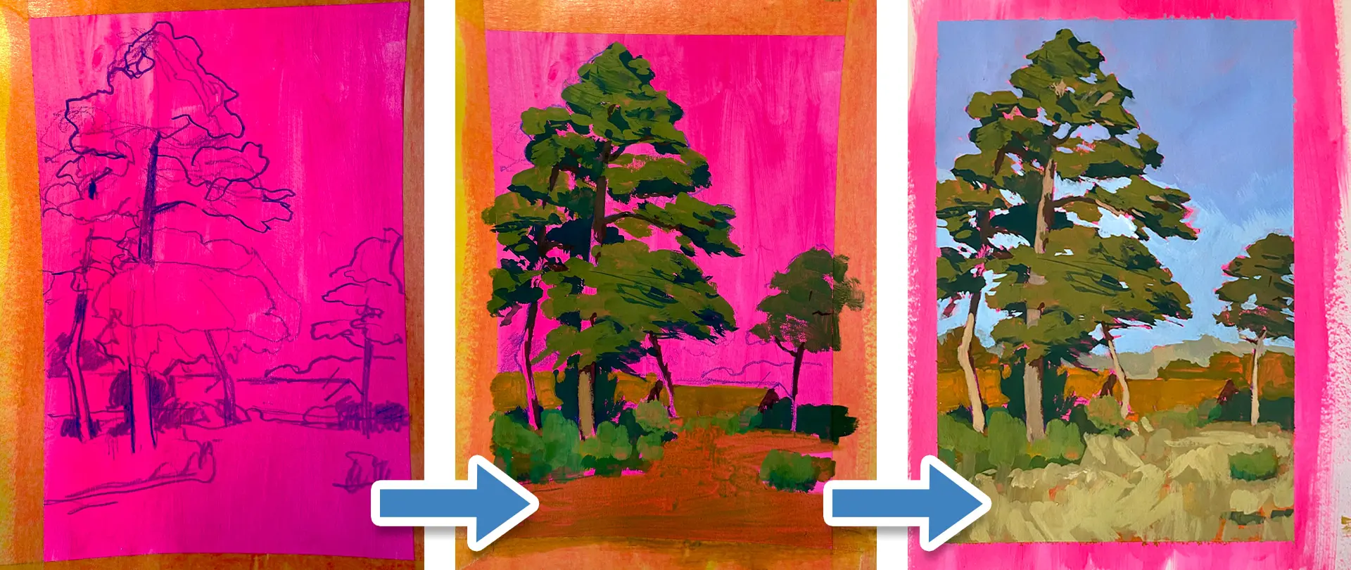 Dreiteilige Bildfolge einer Landschaftsmalerei mit Bäumen von Skizze zu detaillierter Farbaufnahme auf pink-orange Hintergrund