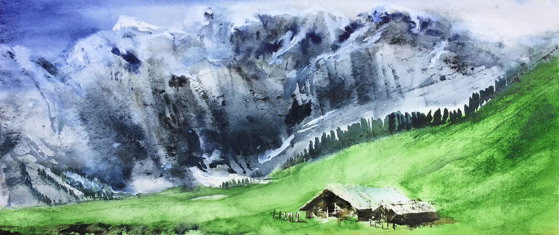 Stimmungsvolles Aquarell mit dunklen Wolken, Bergen und grüner Wiese mit Haus, das Komposition, Licht und Atmosphäre kreativ darstellt