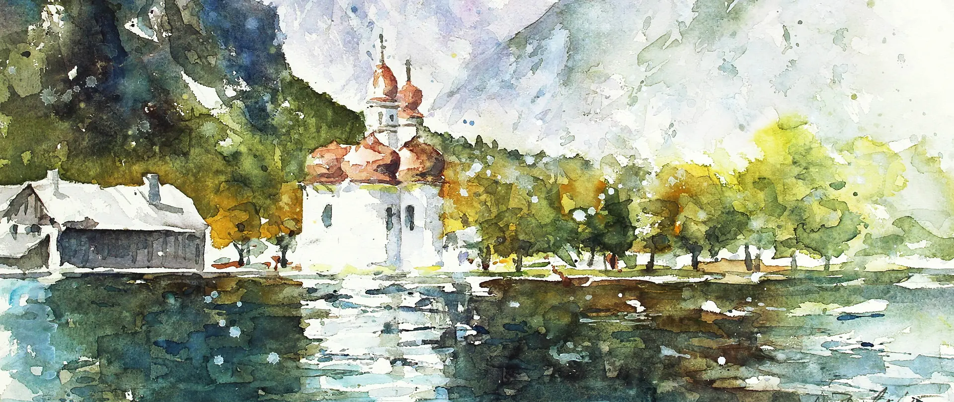 Aquarellmalerei eines Sees mit Kirche und Häusern, die verschiedene Techniken von schnellen Skizzen bis zu detaillierten Landschaften und Architektur zeigt