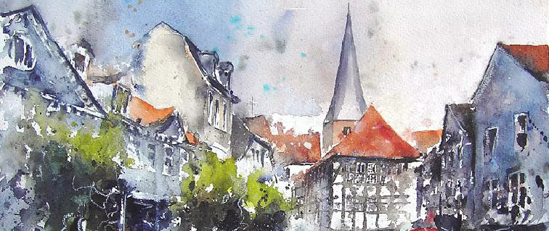 Stimmungsvolles Aquarell von der Hattinger Altstadt kraftvollen und fließenden Farben. Werk von artistravel Dozent Ortwin Zeidler.