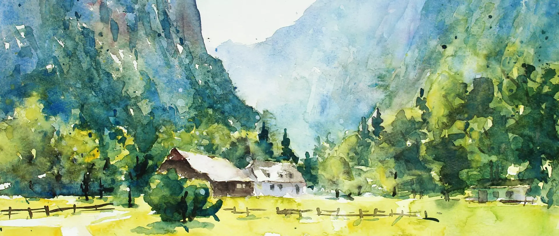 Aquarelllandschaft einer bayerischen Berglandschaft mit Bauernhäusern, Bäumen und Bergen im Hintergrund – gemalt von artistravel-Dozent Ortwin Zeidler