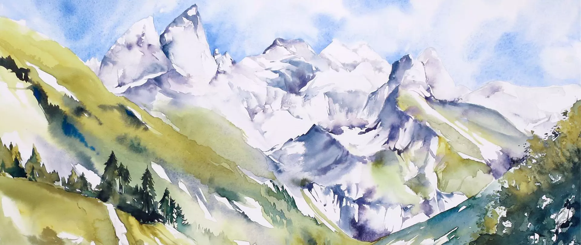 Berglandschaft mit schneebedeckten Gipfeln und grünen Hängen in weichen, atmosphärischen Aquarellfarben gemalt