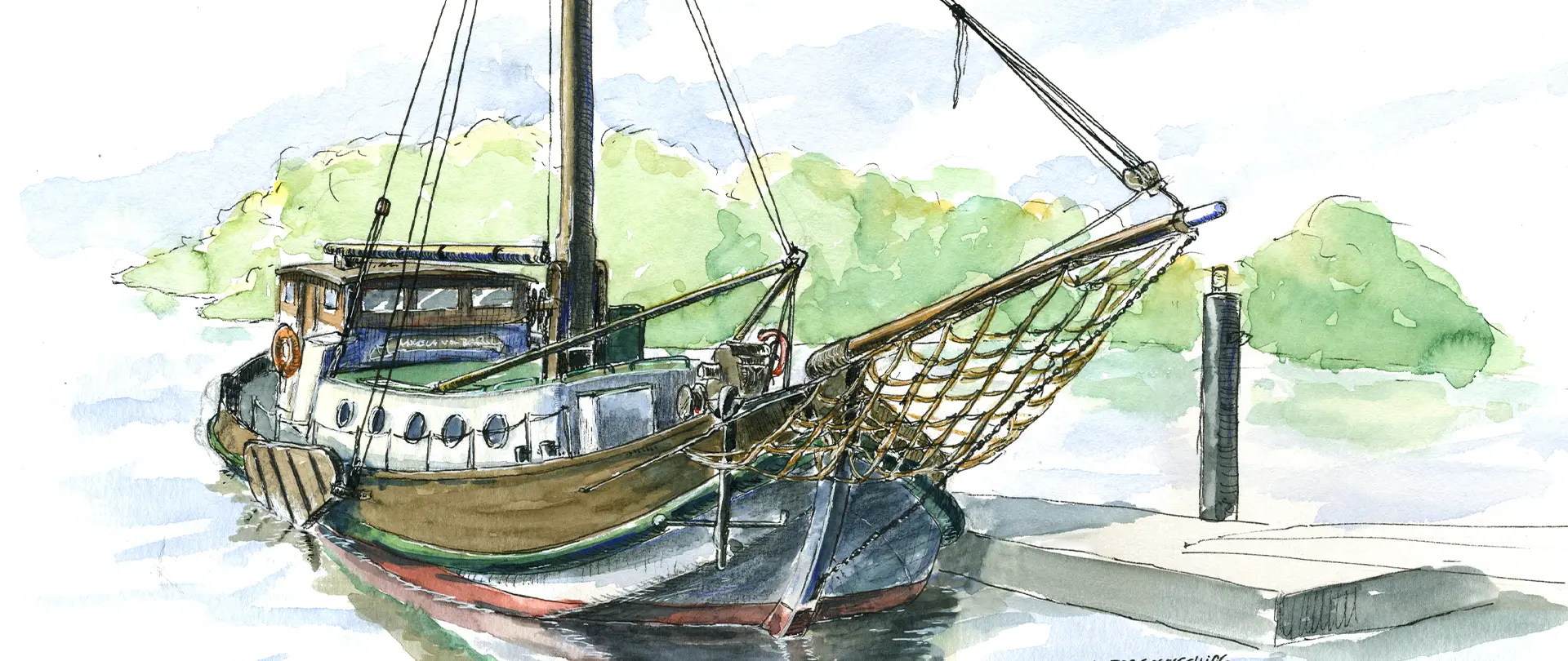 Segelboot mit Netz am Bug am Hafen, Aquarellzeichnung für den Kurs Harbour Sketching im Hamburger Hafen mit Skizzenbuch und Fineliner