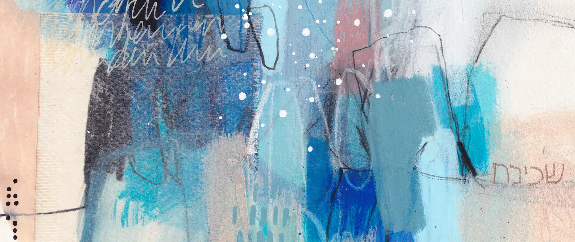 Abstrakte Mixed Media Collage in Blau- und Pastelltönen mit verschiedenen Texturen, Linien und Schriftfragmenten als kreative Inspirationsquelle