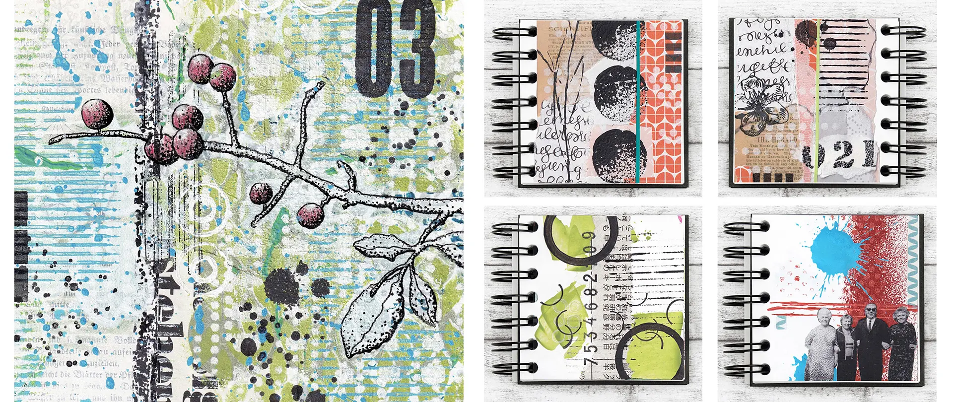 Künstlerisches Art Journal mit gemalten Zweigen, Zahlen, Mustern und vier verschiedenen Mixed Media Skizzenbüchern mit Collagen und Farben