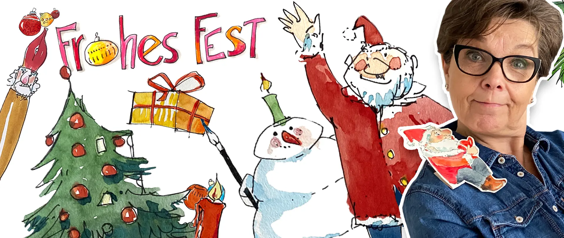 Fröhliche Weihnachtsmotive skizziert mit Tanne, Schneemann, Weihnachtsmann und Geschenken in buntem Aquarellstil, Kursangebot für Sketchen lernen mit Ulrike Selders