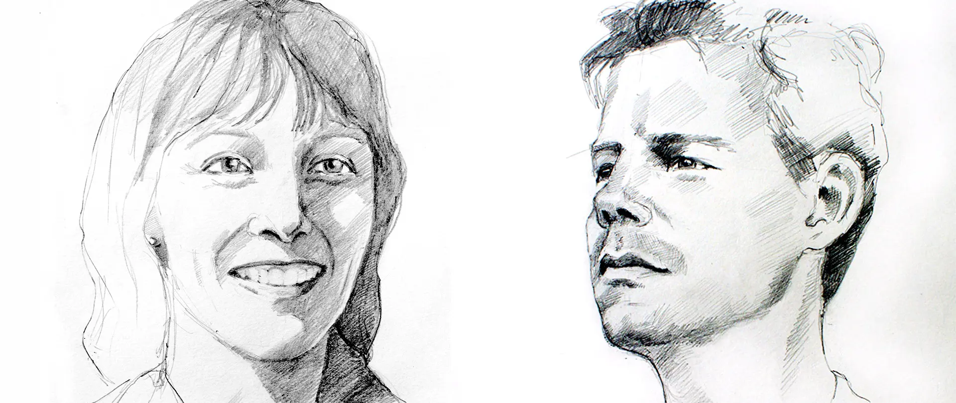 Bleistiftzeichnungen von einem lächelnden Frauengesicht und einem nachdenklich schauenden Männerportrait als Beispiel für Porträt- und Figurenzeichnung