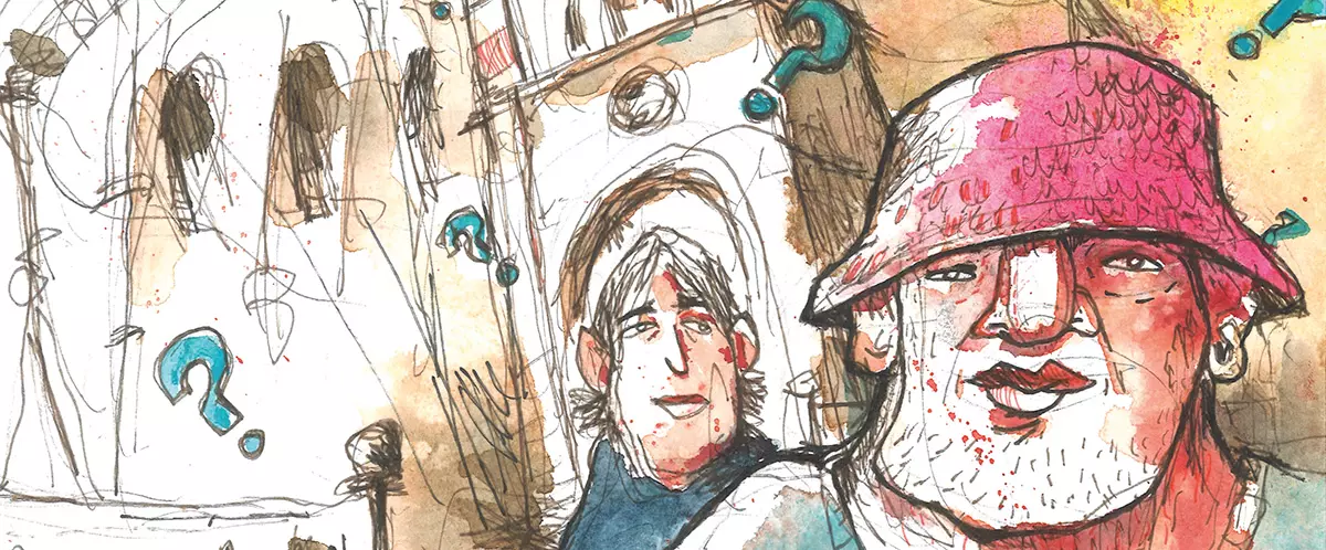 Zwei gezeichnete Personen vor urbaner Kulisse, skizzenhaft und farbig mit expressiven Linien und Fragezeichen